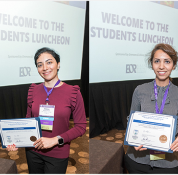 Mahsa Izadmehr and Morvarid Khazraee holding award certificates 