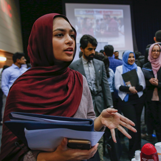 female student at an on-campus recruiting fair