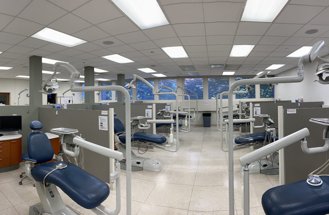 Empty classroom at UIC College of Dentistry. Researchers from UIC's College of Engineering had a breakthrough that can mitigate COVID-19 contamination in dental clinics.