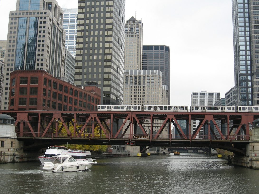 Chicago bridge with train running over it