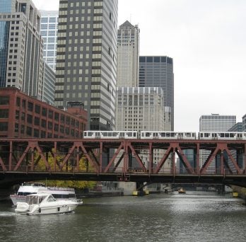 Chicago bridge with train running over it 