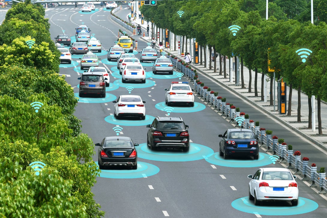 Smart car (HUD) and Autonomous self-driving mode vehicle on metro city road with graphic sensor signalf