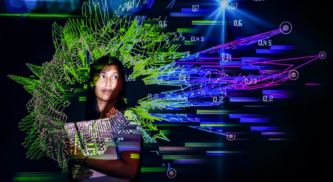a female student photographed with a colorful data-visualization overlay