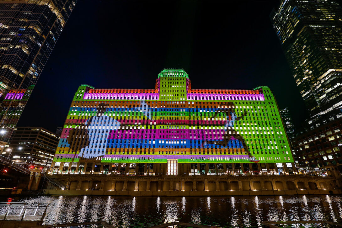 Chicago Design Through the Decades projected onto theMART