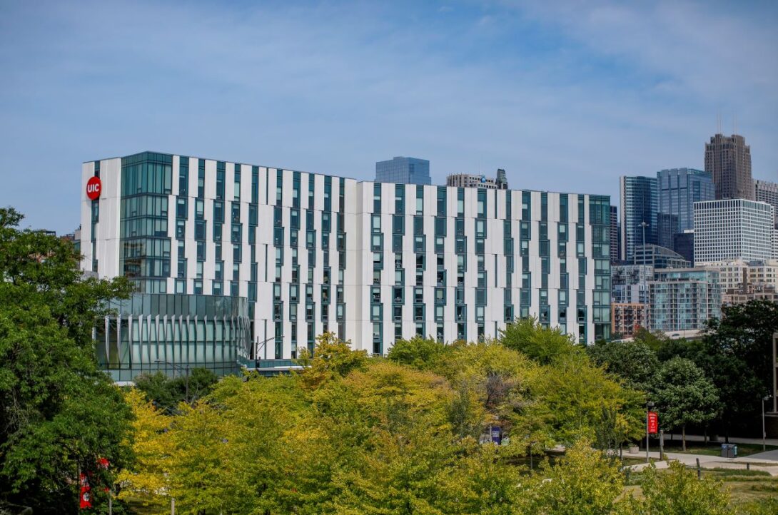 Long distance photo of dorm building on UIC campus.