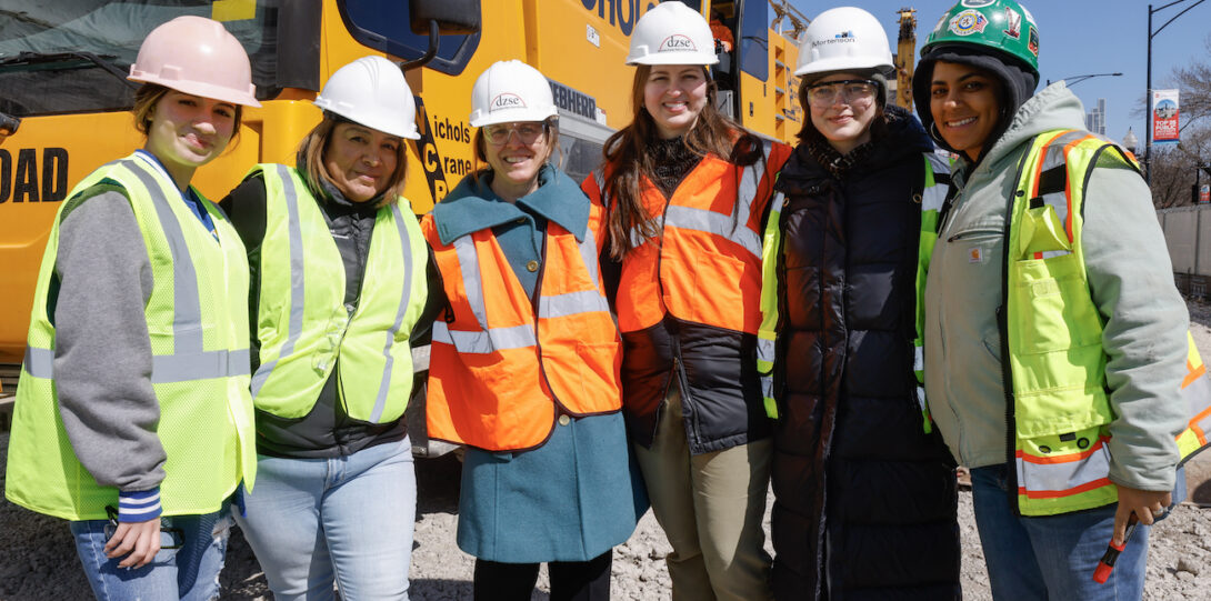 From L: Ms. Rivera, high school student; Blanca Rivera, project manager, Illinois Capital Development Board; Carrie Warner, principal, Drucker Zajdel Structural Engineers (dzse); Megan Hanlet, dzse; Caroline Slota, principal, Booth Hansen architectural design firm; and Corrine Smith, assistant superintendent, W.E. O'Neil Construction