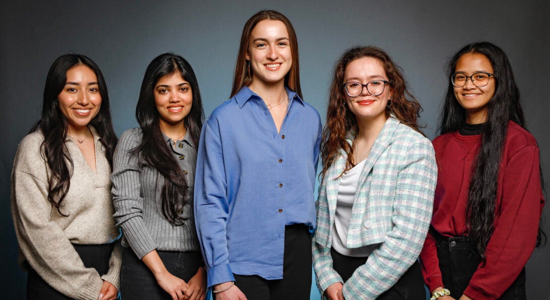 University of Illinois Chicago College of Engineering BME Expo team members Jennifer Meza, Waeezah Waqar, Rene Sieracki, Julie Gawenda, and Mary Ashley Tenedor.