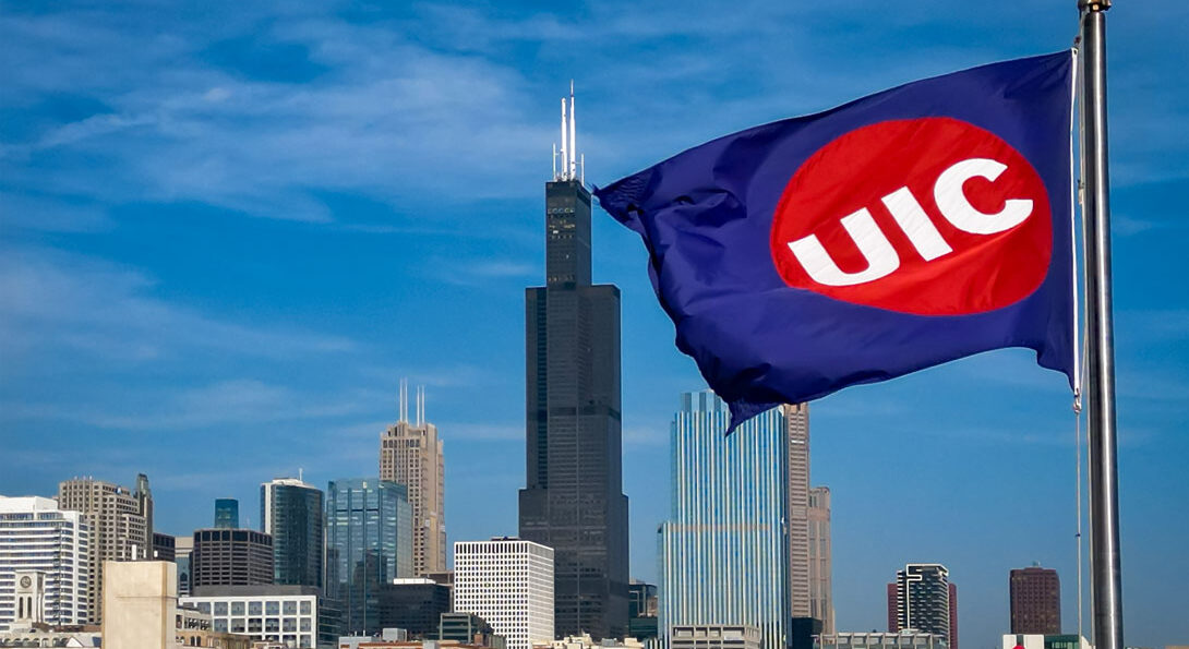 Chicago skyline with UIC flag waving
