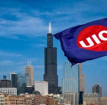 UIC Flag over Chicago skyline
                  