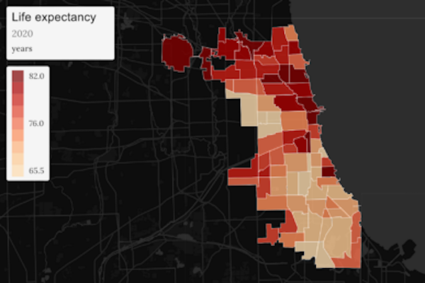 A map of life expectancy in Chicago shows health disparities across the city