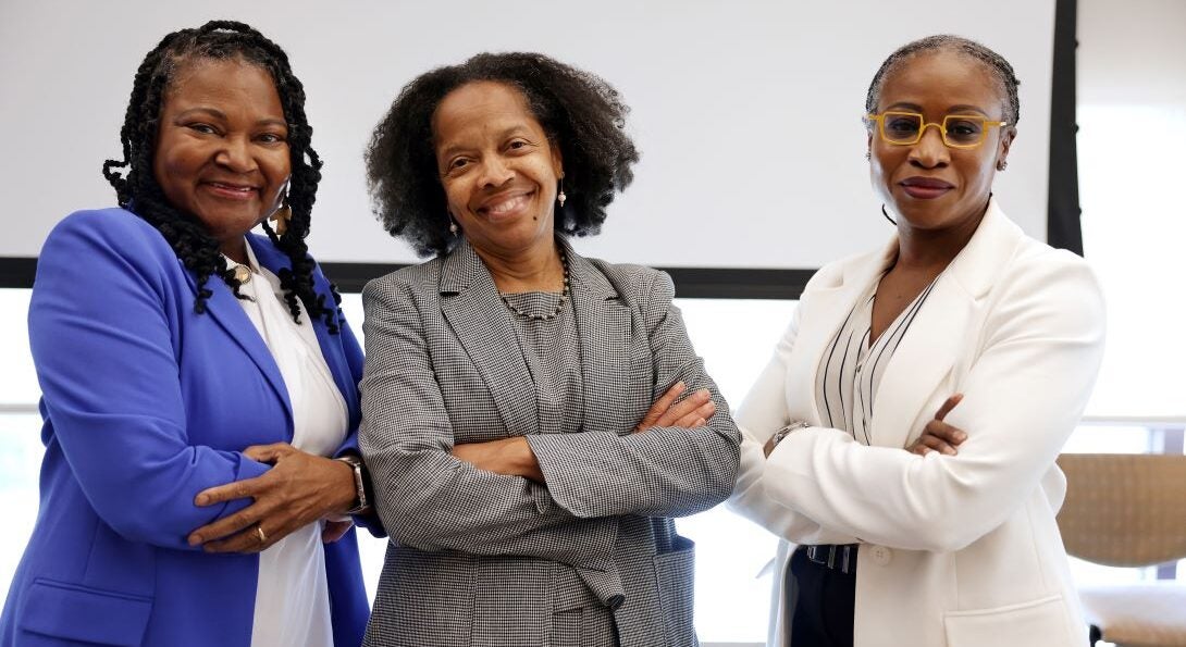 From left, Dean of the Hampton University School of Engineering, Architecture and Aviation Joyce T. Shirazi, Olin College of Engineering President Gilda A. Barabino, and UIC Dean of Engineering Lola Eniola-Adefeso at the Summit.