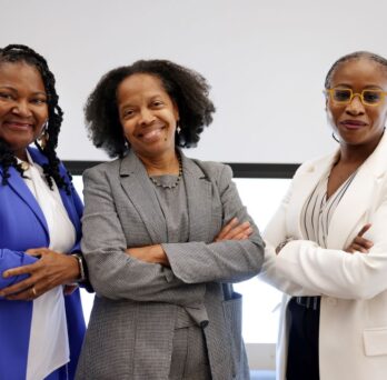 From left, Dean of the Hampton University School of Engineering, Architecture and Aviation Joyce T. Shirazi, Olin College of Engineering President Gilda A. Barabino, and UIC Dean of Engineering Lola Eniola-Adefeso at the Summit.
                  