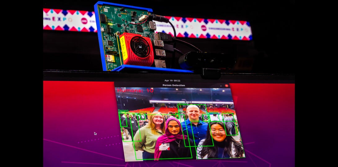 group of students are projected on a screen using a web camera
